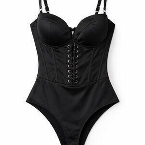 Oh Polly Black Lace-Up Corset Bodysuit • Underwire Bodice • Adjustable Straps